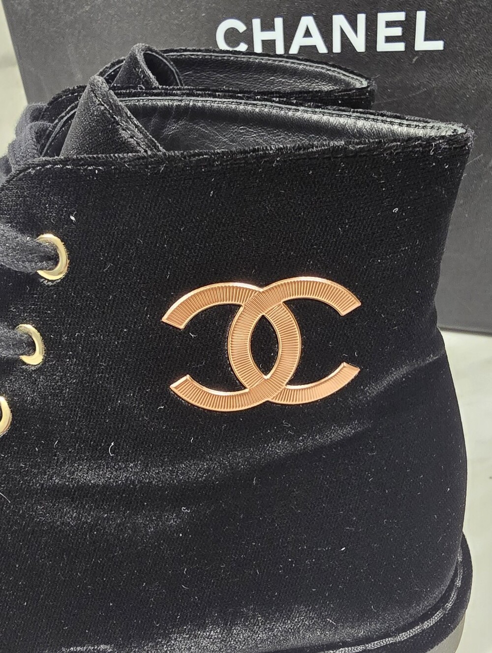 CHANEL Black Velvet Lace-Up Ankle Boots with Logo - Picture 4 of 12